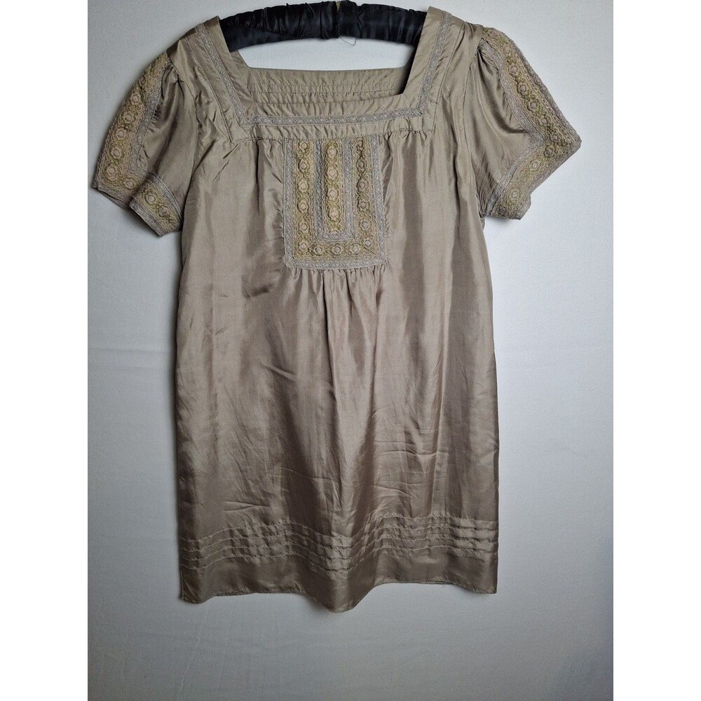 BIZZ 100% Silk Dress With Intricate Lace & Pleats Size L Beige